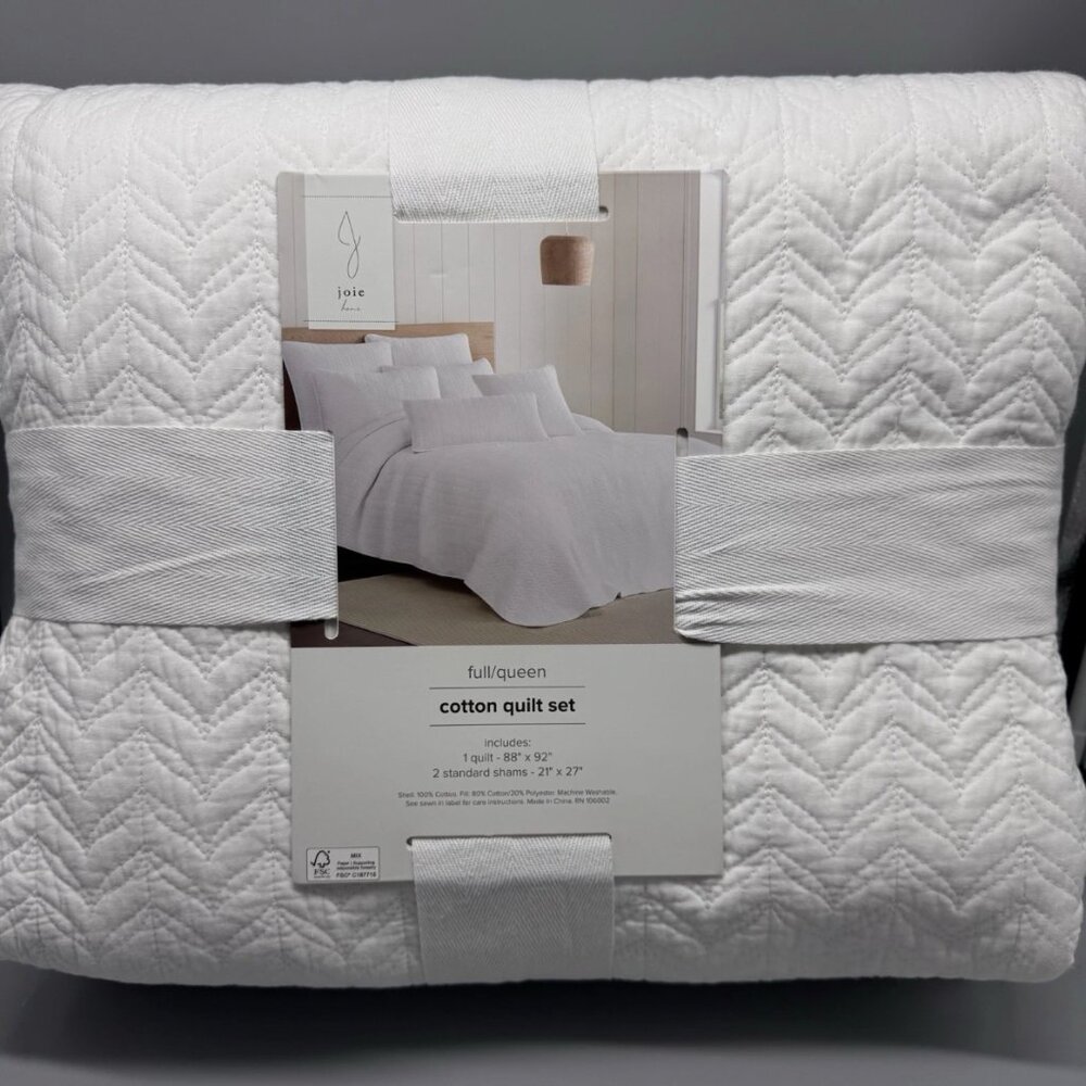 3pc J Joie Home White FULL/QUEEN Quilt Sham Bedding Set Cotton Cottage Farmhouse